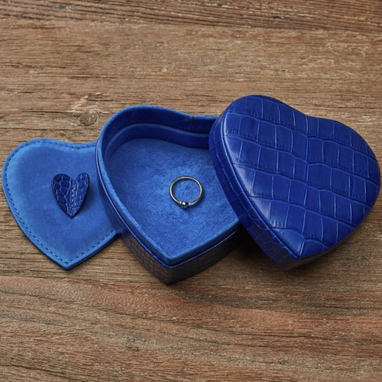Leather heart shaped jewellery box, cobalt croc, lifestyle