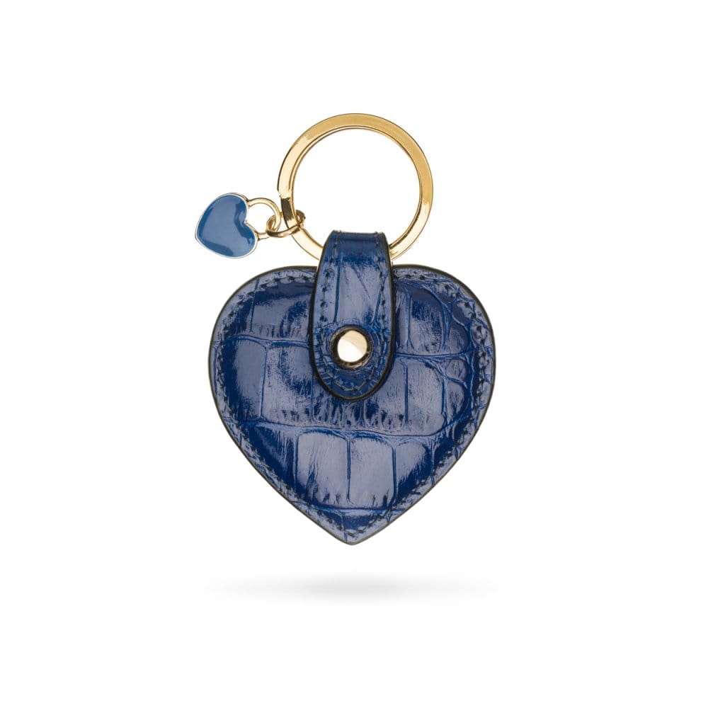Leather heart shaped key ring, cobalt croc, front