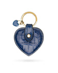 Leather heart shaped key ring, cobalt croc, front