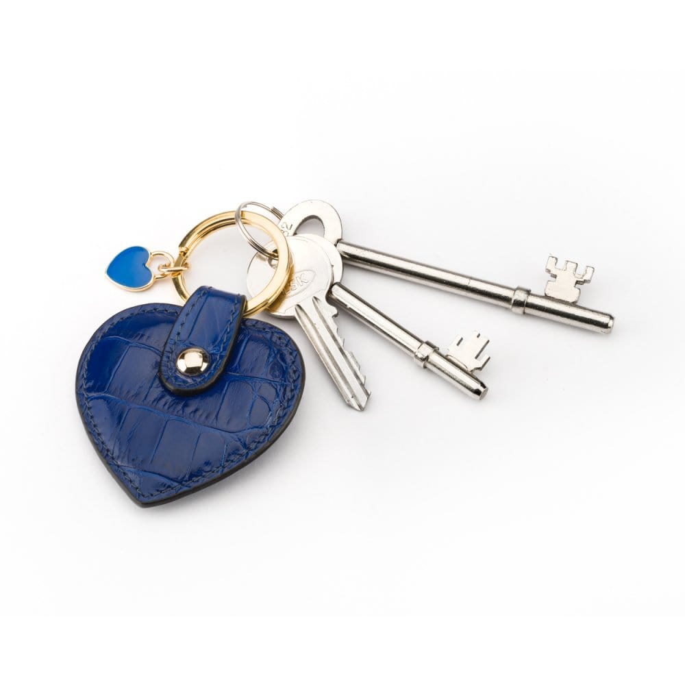 Leather heart shaped key ring, cobalt croc