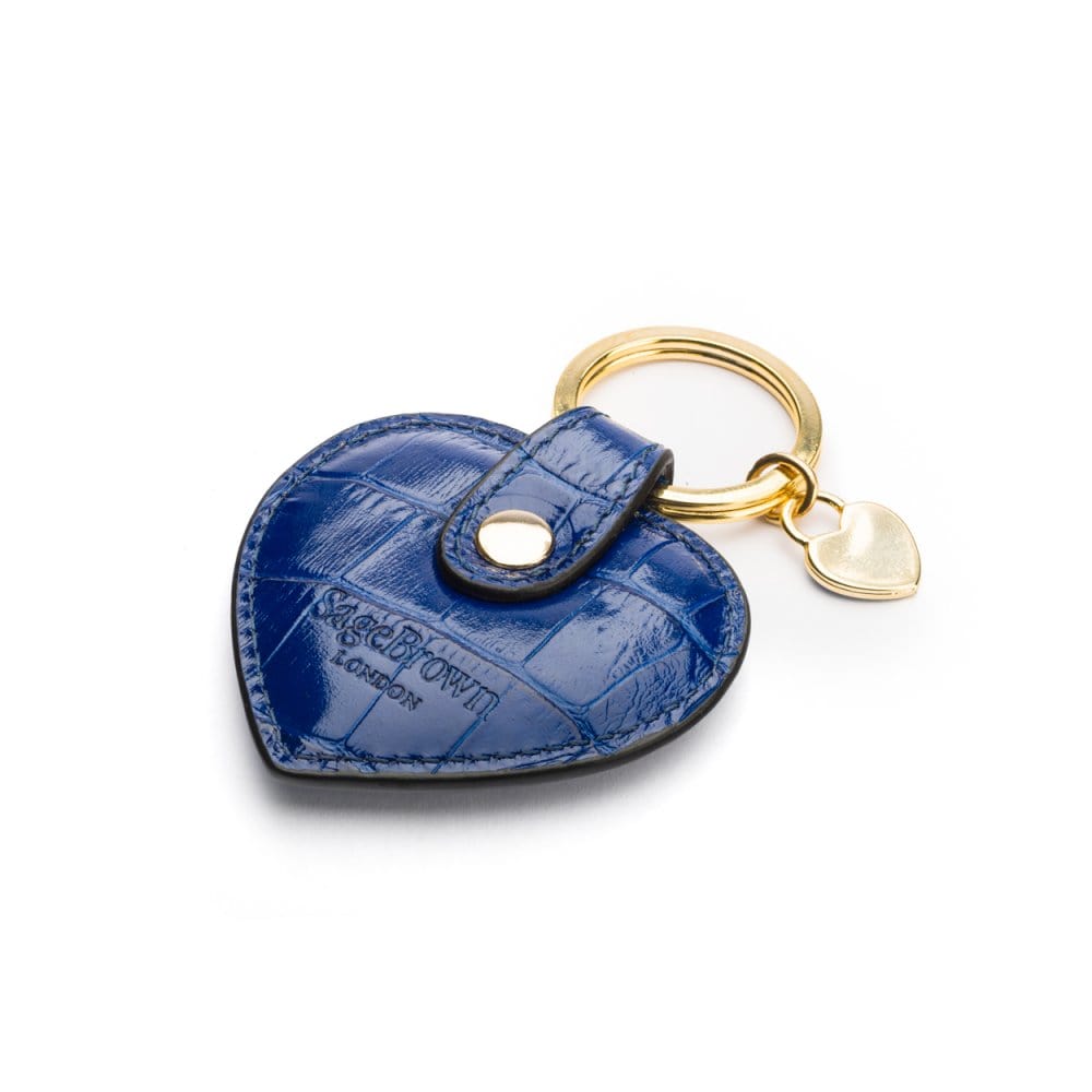 Leather heart shaped key ring, cobalt croc, back