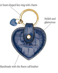 Leather heart shaped key ring, cobalt croc, features