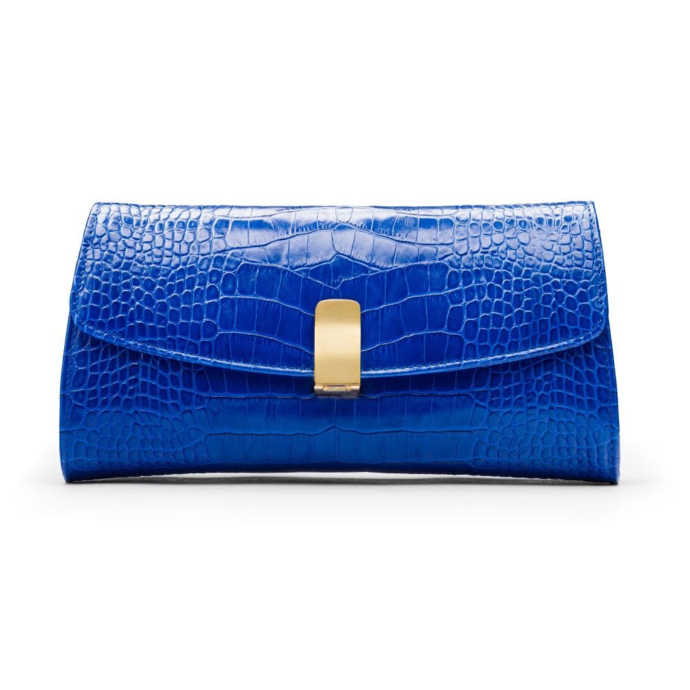 Leather clutch bag, cobalt croc, front view