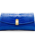 Leather clutch bag, cobalt croc, front view