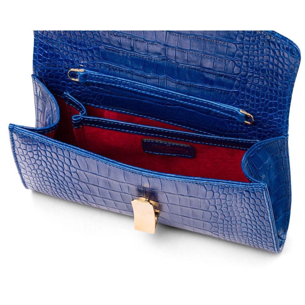 Leather clutch bag, cobalt croc, inside view