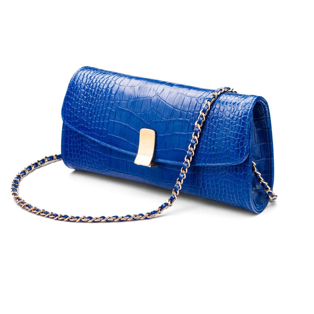 Leather clutch bag, cobalt croc, long chain strap