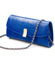 Leather clutch bag, cobalt croc, long chain strap