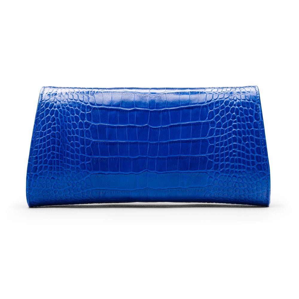 Leather clutch bag, cobalt croc, back view