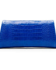 Leather clutch bag, cobalt croc, back view