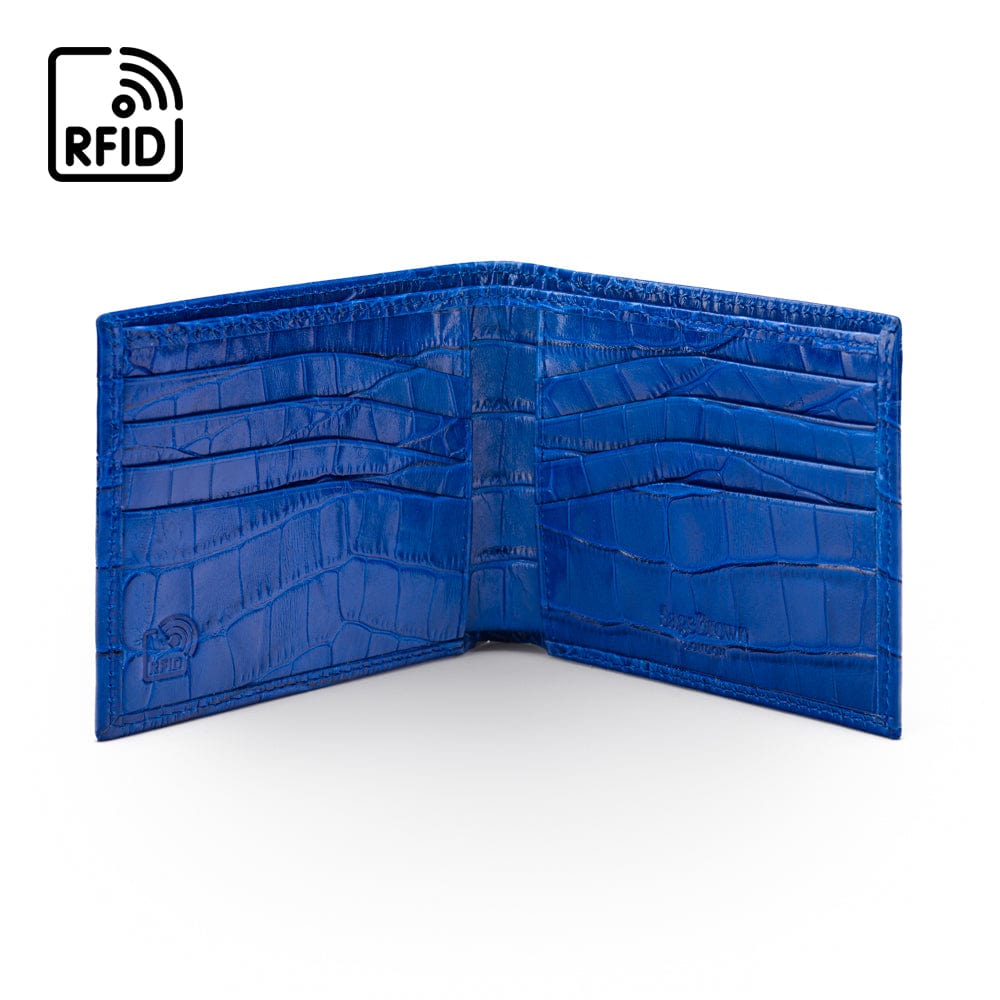 RFID leather wallet for men, cobalt croc, open view