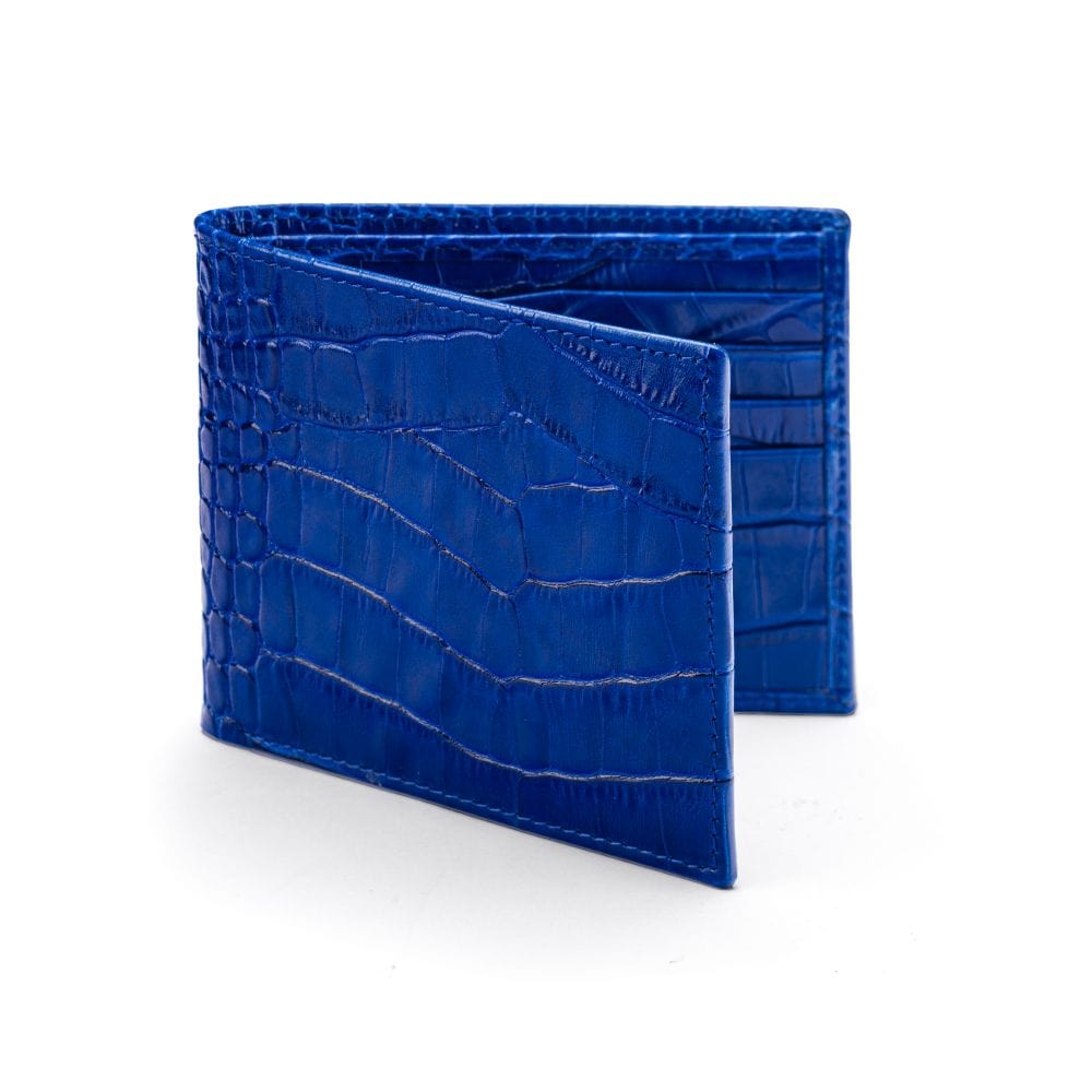 RFID leather wallet for men, cobalt croc, front view