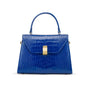 Leather top handle bag, cobalt croc, front view