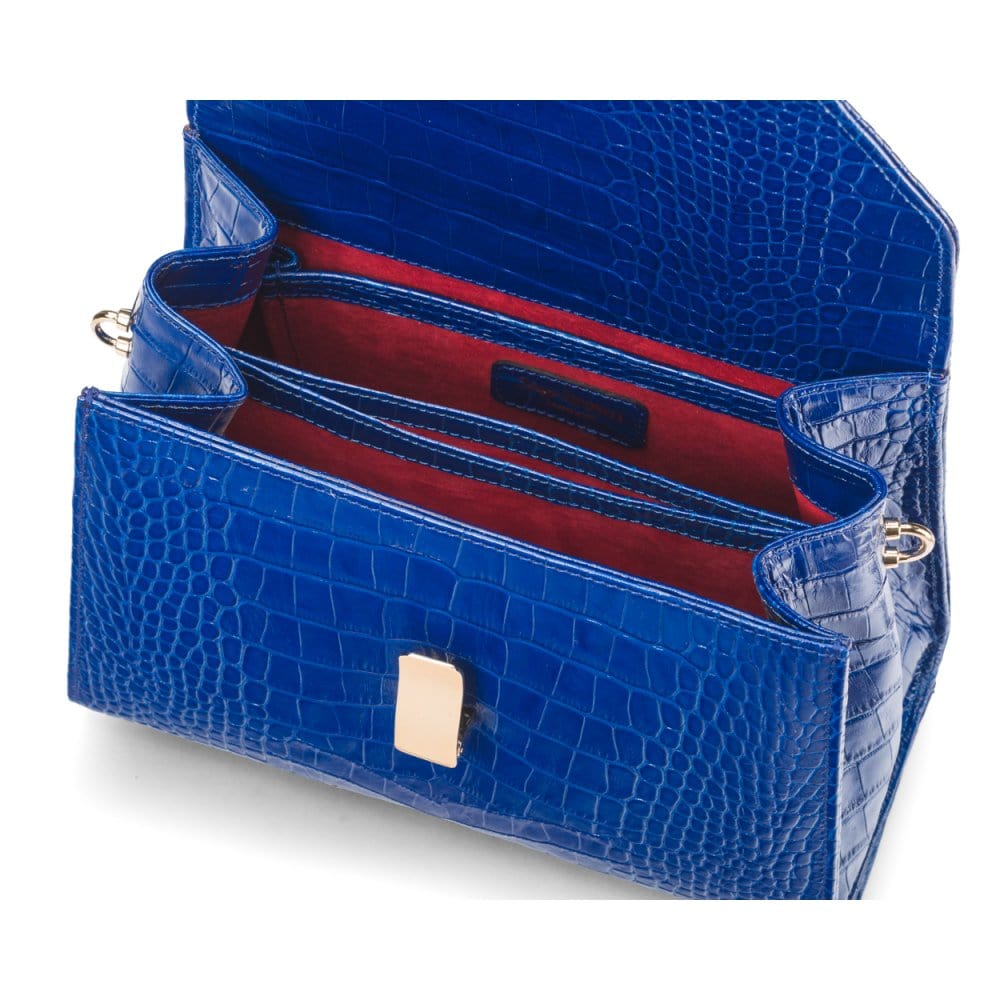 Leather top handle bag, cobalt croc, inside