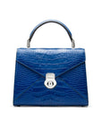 Leather top handle bag, Burnett bag, cobalt croc, front view