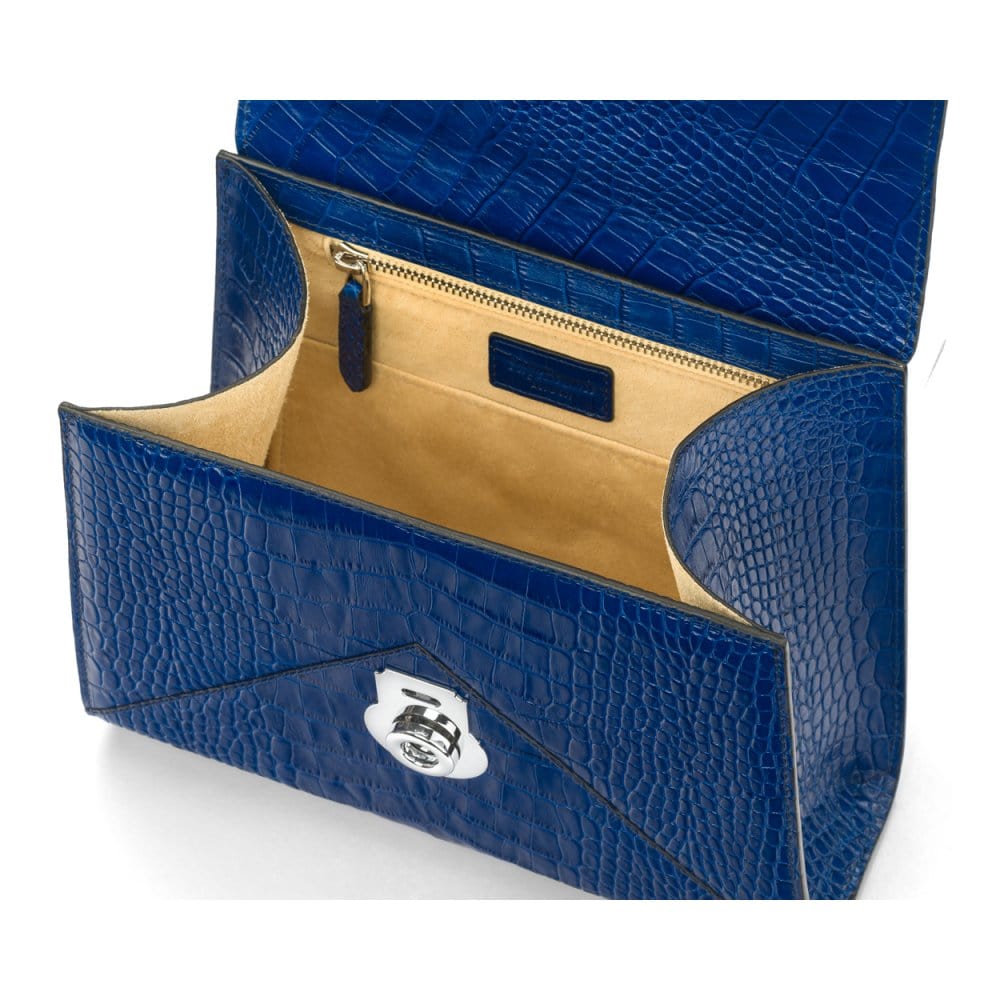 Leather top handle bag, Burnett bag, cobalt croc, inside view