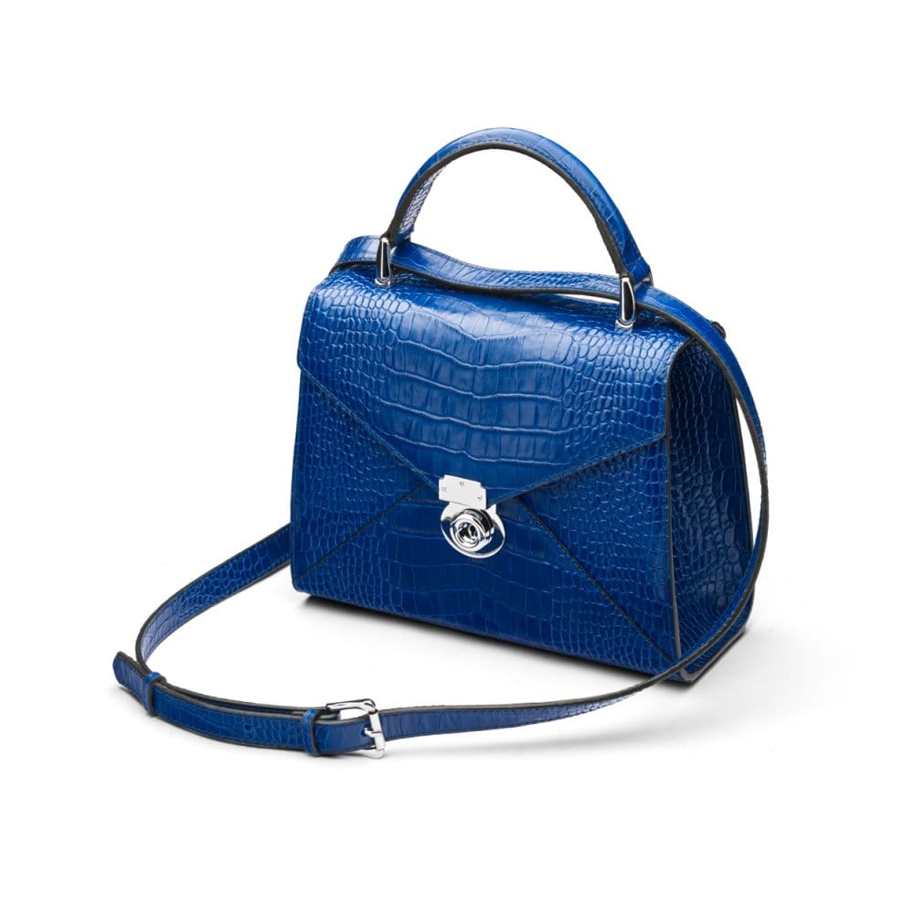 Leather top handle bag, Burnett bag, cobalt croc, with shoulder strap