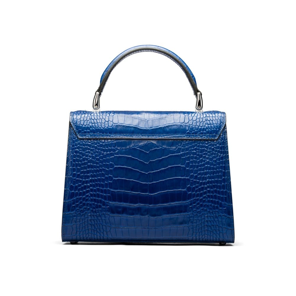 Leather top handle bag, Burnett bag, cobalt croc, back  view