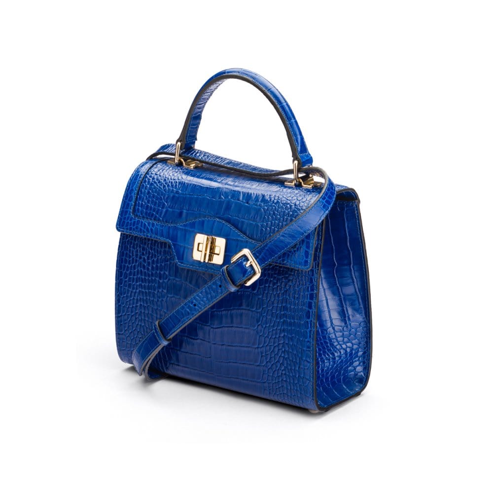 Leather signature Morgan bag, cobalt croc, side view