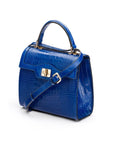 Leather signature Morgan bag, cobalt croc, side view