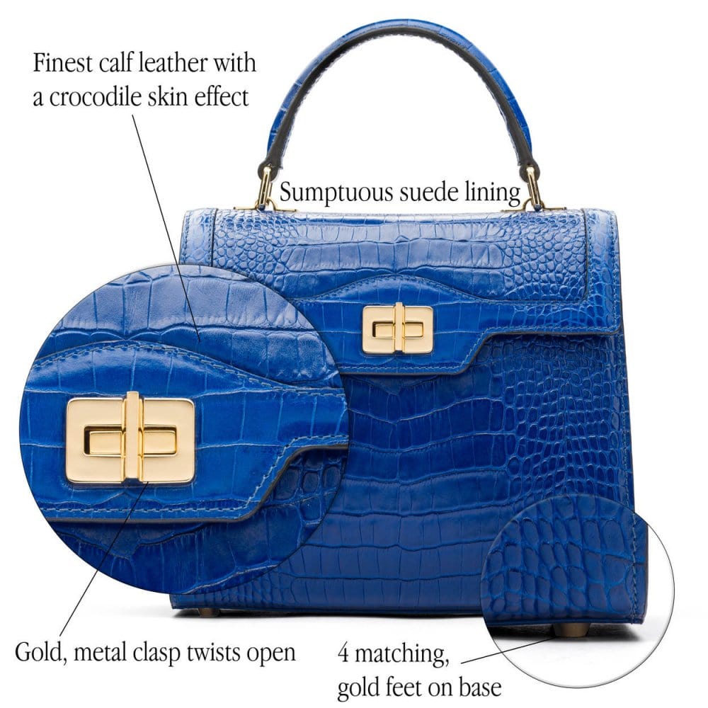 Leather signature Morgan bag, cobalt croc, features