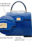 Leather signature Morgan bag, cobalt croc, features