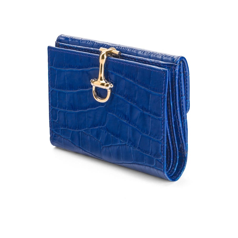 Leather purse with brass clasp, cobalt croc, front view