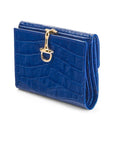 Leather purse with brass clasp, cobalt croc, front view