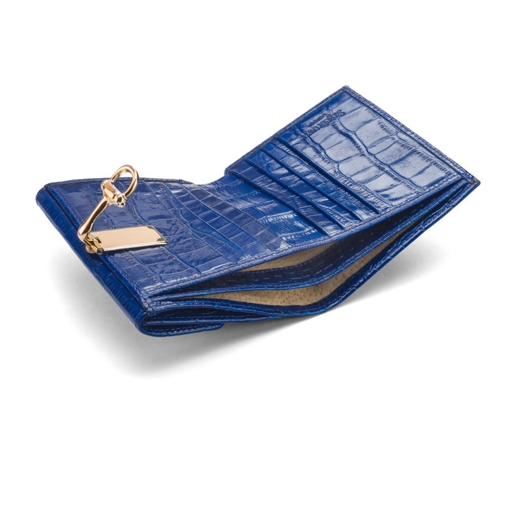 Leather purse with brass clasp, cobalt croc, inside