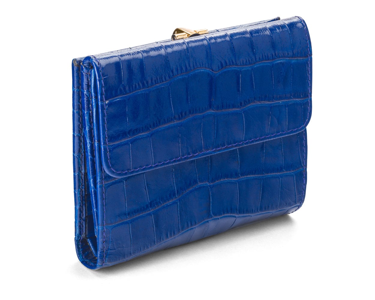 Leather purse with brass clasp, cobalt croc, back