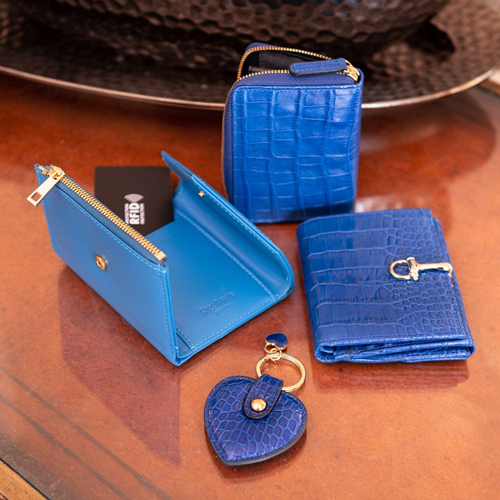 Leather Tara purse, cobalt croc, lifestyle
