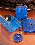 Leather Tara purse, cobalt croc, lifestyle