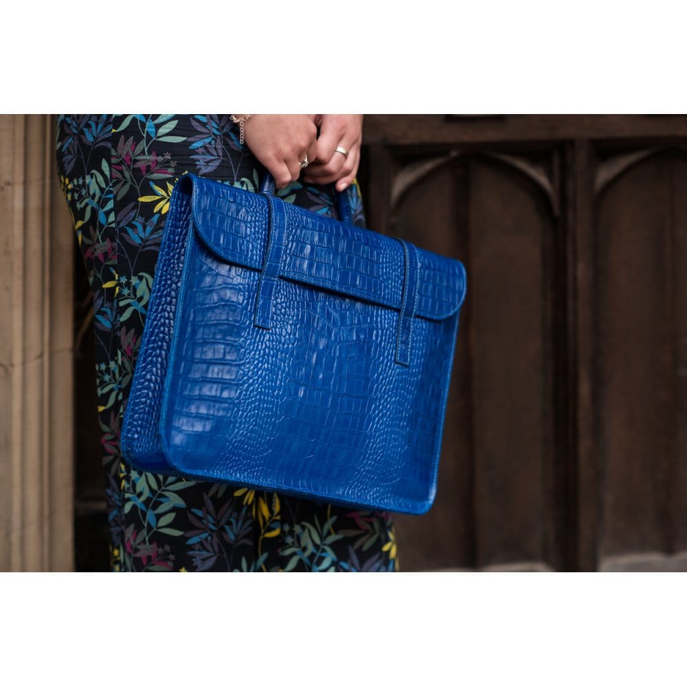 Leather music bag, cobalt croc, lifestyle