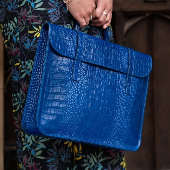 Leather music bag, cobalt croc, lifestyle