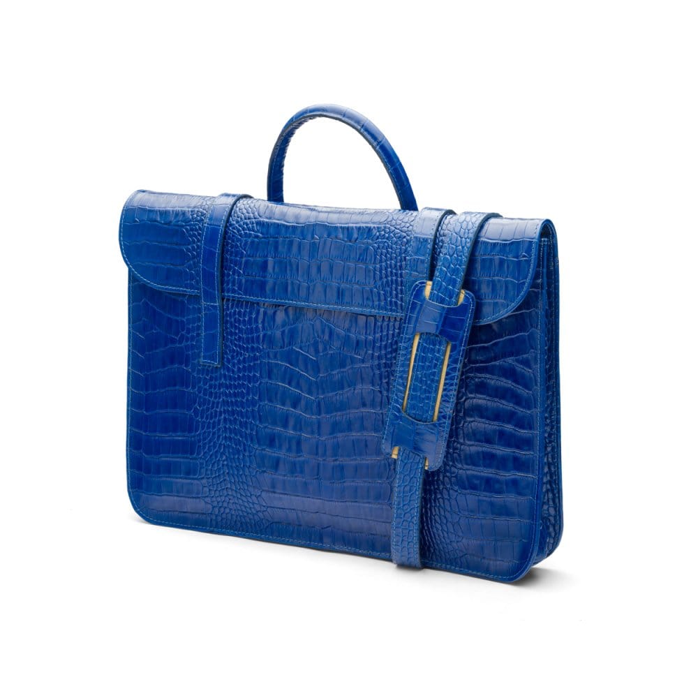 Leather music bag, cobalt croc, side