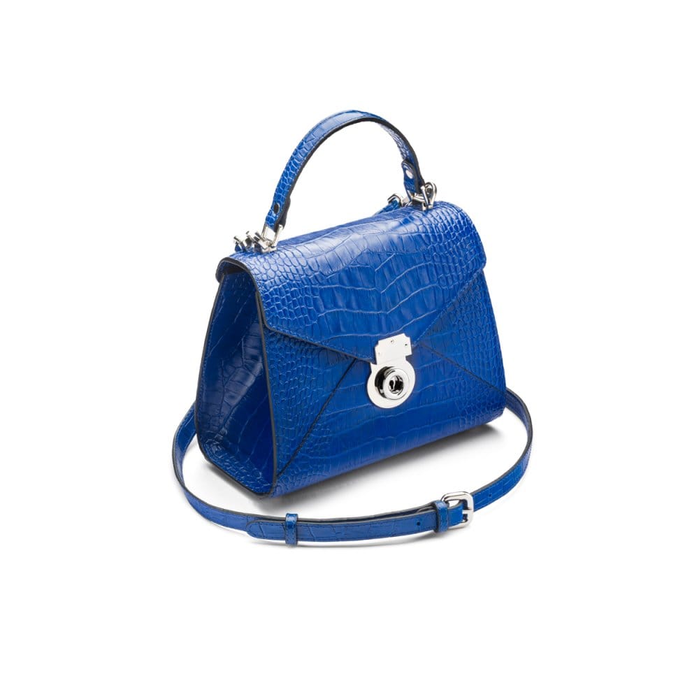 Mini Burnett small top handle bag, cobalt croc, side view