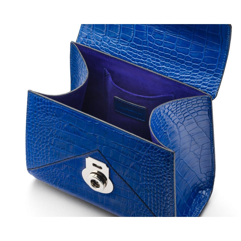 Mini Burnett small top handle bag, cobalt croc, inside view