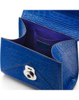 Mini Burnett small top handle bag, cobalt croc, inside view