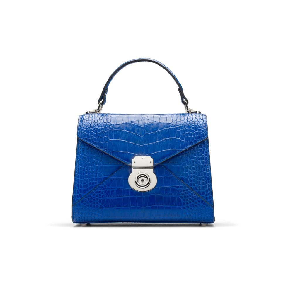 Mini Burnett small top handle bag, cobalt croc, front view