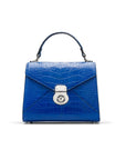 Mini Burnett small top handle bag, cobalt croc, front view