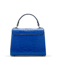 Mini Burnett small top handle bag, cobalt croc, back view