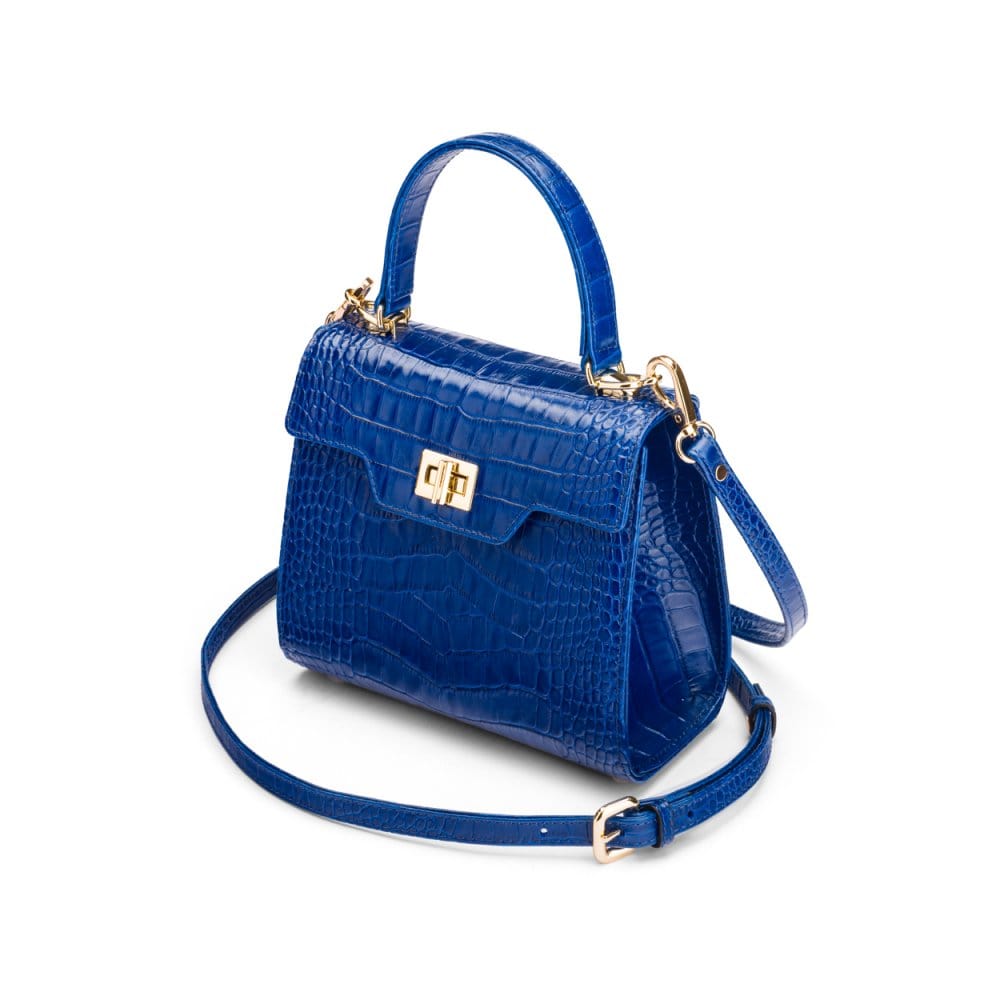 Mini leather Morgan Bag, top handle bag, cobalt croc