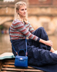 Mini leather Morgan Bag, top handle bag, cobalt croc, lifestyle