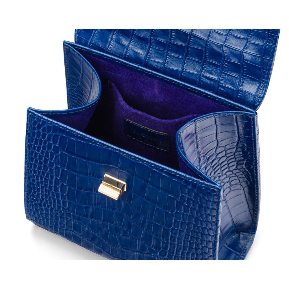 Mini leather Morgan Bag, top handle bag, cobalt croc,  inside view