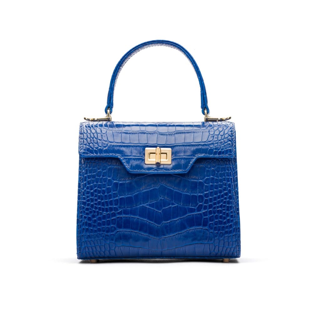 Mini leather Morgan Bag, top handle bag, cobalt croc, front view