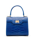 Mini leather Morgan Bag, top handle bag, cobalt croc, front view