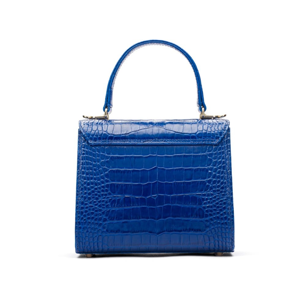 Mini leather Morgan Bag, top handle bag, cobalt croc, back view