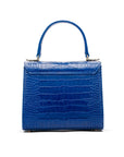 Mini leather Morgan Bag, top handle bag, cobalt croc, back view