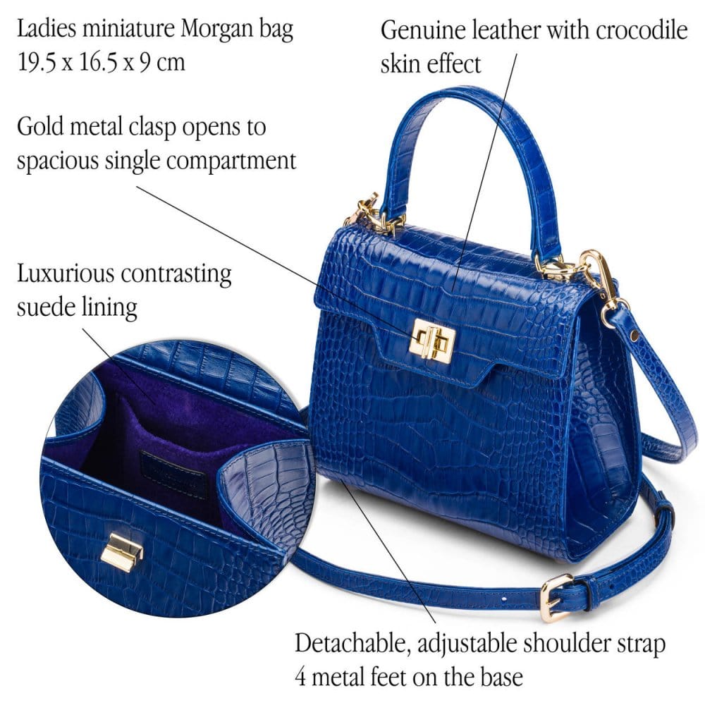 Mini leather Morgan Bag, top handle bag, cobalt croc, features