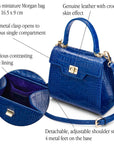 Mini leather Morgan Bag, top handle bag, cobalt croc, features