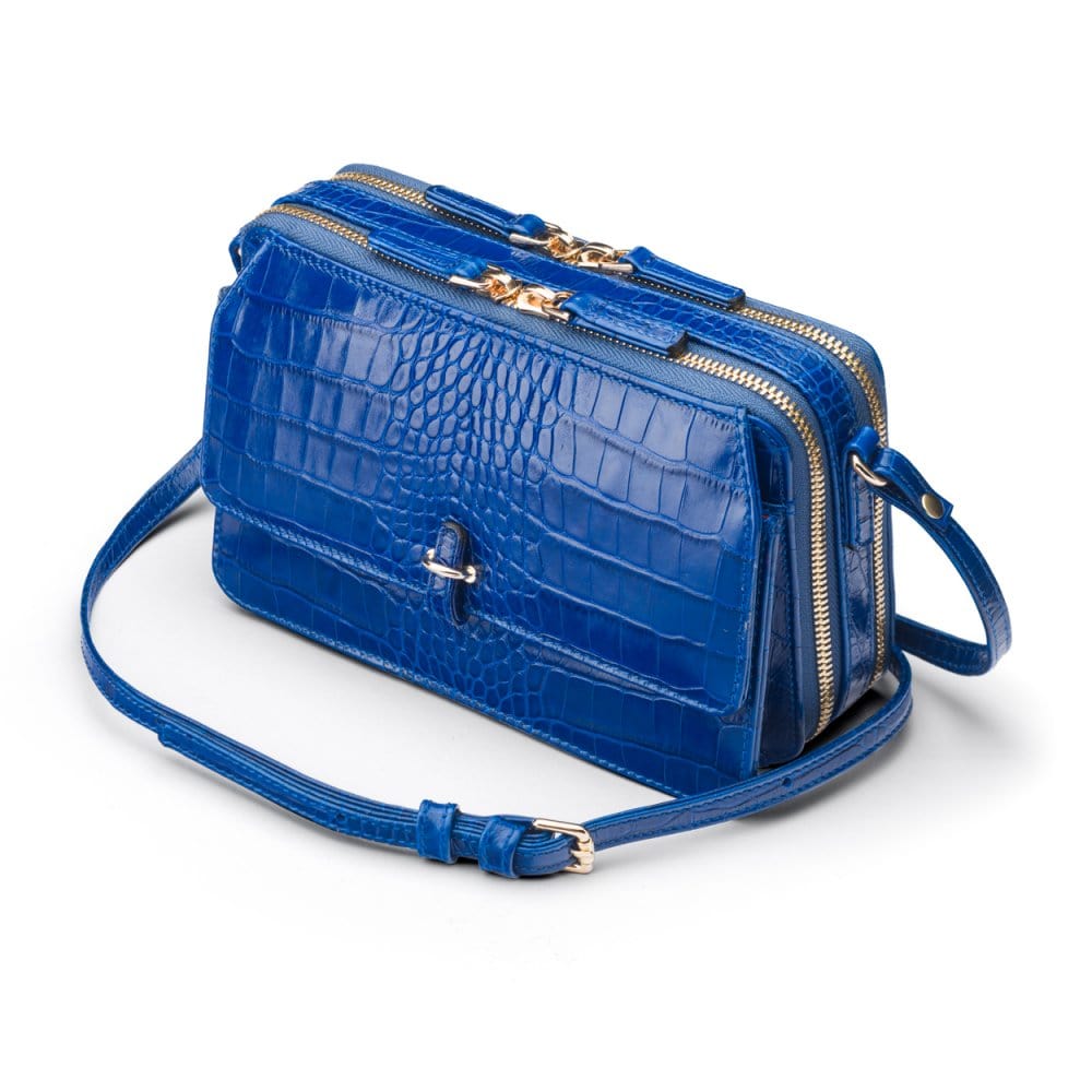 Compact crossbody bag, cobalt croc, side